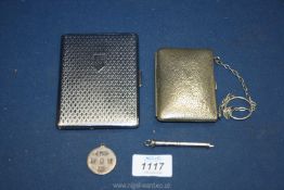 A small EPNS evening purse with blue lining, silver pendant with hallmark for Birmingham 1977,