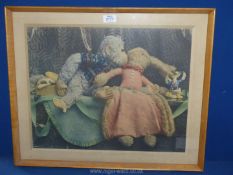 A framed Print of a still life of children's toys and Teddies,