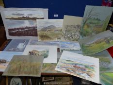 Nine Welsh landscape pastel drawings signed Alwynne Bowen and five unsigned landscapes