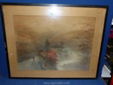 A framed and mounted Watercolour depicting a figure walking a road with houses and hills in the