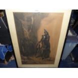 A framed and mounted Charcoal drawing of a soldier on horseback, no visible signature.