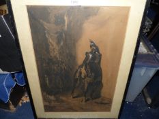 A framed and mounted Charcoal drawing of a soldier on horseback, no visible signature.