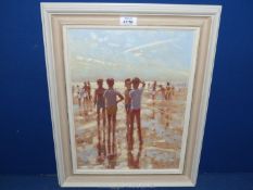 Laurence Belbin: Oil painting of children on a beach, 16 1/4'' x 20'' high including frame.