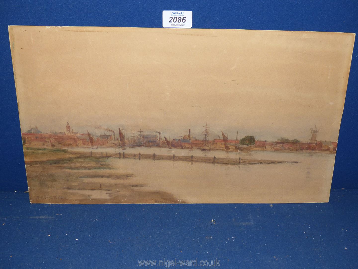 Arthur George Bell; unframed watercolour of a harbour, signed,