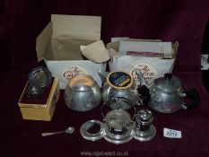 Two stainless steel teapots (boxed), tea strainer (boxed) and cruet.