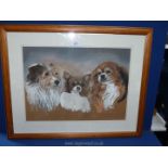 A framed and mounted pastel painting depicting three small dogs, signed lower left L.