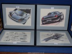 Four framed Prints of car related topic including different drawings and designs of cars with four