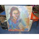 A large unframed Oil on canvas, depicting a three quarter Portrait of a Lady seated, 34" x 40".