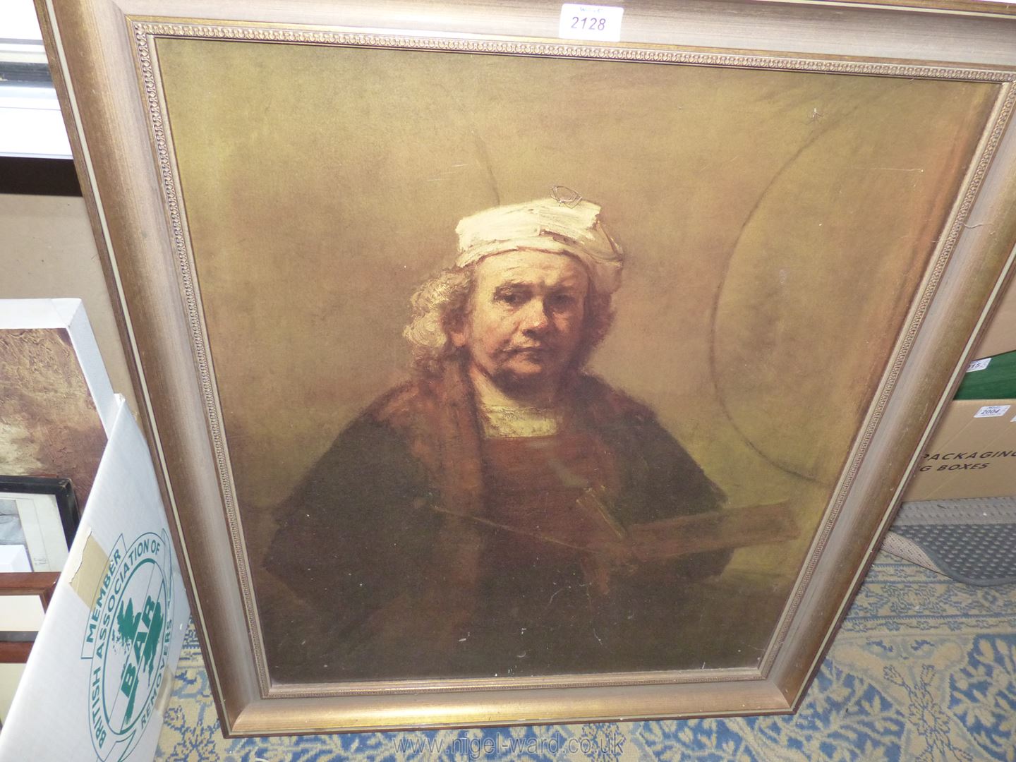 A large framed Print on board, a portrait of the artist Rembrandt Van Rijn, 26" x 30 1/4". - Image 2 of 2