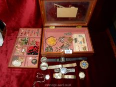 A jewellery box and contents including brooches, earrings, rings, horseshoe stick pin,