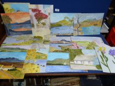 Three folders containing unframed Watercolours depicting various country landscapes, seascapes,