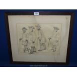 A wood framed penal sketch depicting Chelsea Pensioners, no visible signature, 22 1/4" x 19 1/4".