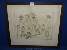 A wood framed penal sketch depicting Chelsea Pensioners, no visible signature, 22 1/4" x 19 1/4".