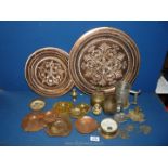 A quantity of mixed metals including pewter tankard, copper trays, brass Amperes meter,