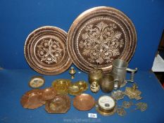 A quantity of mixed metals including pewter tankard, copper trays, brass Amperes meter,