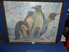 A large framed Oil on board depicting Penguins, no visible signature 31" x 25 1/4".