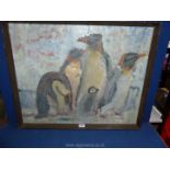 A large framed Oil on board depicting Penguins, no visible signature 31" x 25 1/4".