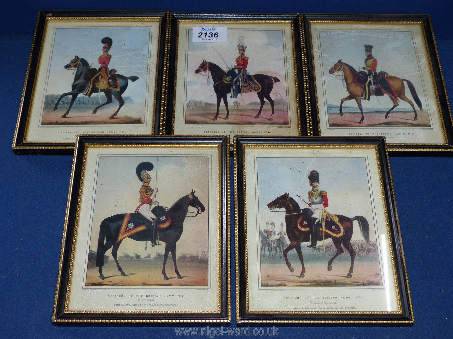 Five small framed prints depicting Officers of the British Army including 2nd Regt.