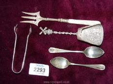 A quantity of silver including two Sheffield spoons (17 gms) and sugar tongs in bird claw shape (20