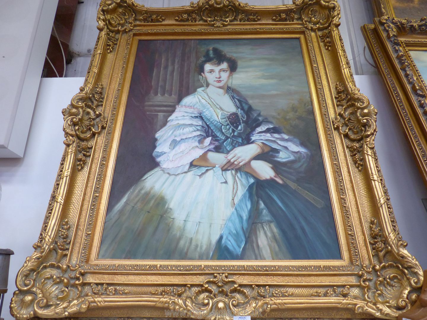 A large contemporary Oil on canvas depicting a three quarter length Portrait of a young lady in a - Image 2 of 2