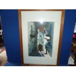A large framed and mounted Watercolour depicting a street scene with Horse and Cart,