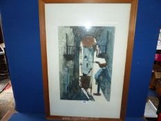 A large framed and mounted Watercolour depicting a street scene with Horse and Cart,