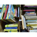 Two boxes of books including Children's Cricket Books and Trains.