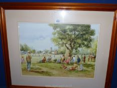 A framed and mounted Print by Douglas E. West titled 'Sunday Cricket', 30 1/2" x 24 3/4".