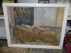 A large framed Oil on board depicting a reclining nude, no visible signature 44 1/2" x 34 3/4".