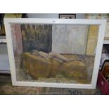 A large framed Oil on board depicting a reclining nude, no visible signature 44 1/2" x 34 3/4".