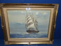A framed Oil on canvas depicting a Tall sailing ship, no visible signature, 20 1/4" x 16 1/4".