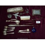 A tray of assorted silver and other items including circular Vesta, a/f,