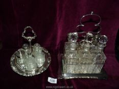 Two Epns cruet sets; one with five glass bottles/pots and floral embossed stand,