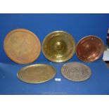 A quantity of brass and copper chargers including ornate Indian style with figures etc.
