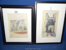 A framed and mounted Watercolour depicting a Roman temple arch ruins, June 1896 and a watercolour,