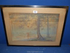 A framed and mounted Watercolour (?) of Sunrise over river with trees, signed Keishu Iwasaki,