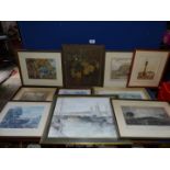 A quantity of pictures and prints to include an oil on canvas still life,