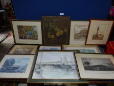 A quantity of pictures and prints to include an oil on canvas still life,