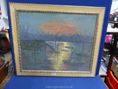 A large framed Oil on board depicting a dockland scene at sunset,