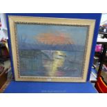 A large framed Oil on board depicting a dockland scene at sunset,