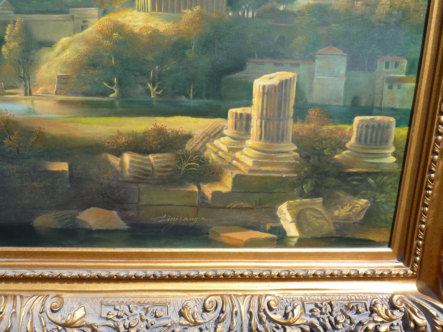 A contemporary Oil on canvas of a landscape with ruins in the foreground being a reproduction of - Image 3 of 4