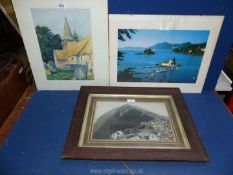 A clip framed Watercolour of a Church, unsigned, a framed print of Pontikonisi Corfu Island,