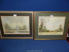 Two framed and mounted Watercolours 'Forest Farm' label verso and a country landscape with church