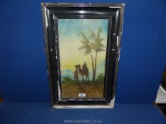 A framed painting on glass depicting figures and a camel, no visible signature, frame a/f.