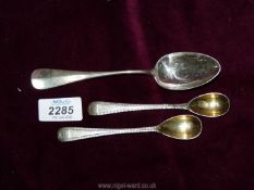 Two Silver teaspoons with feather effect, London 1921 and 1923 by Mappin and Webb, (36 gms.