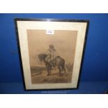 A framed Lithograph depicting a Gentleman on horseback with figures behind, no visible signature.