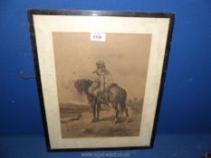 A framed Lithograph depicting a Gentleman on horseback with figures behind, no visible signature.