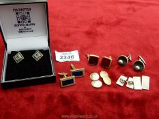 A quantity of good cufflinks including two pairs of 9 ct gold (one with blue inlay),