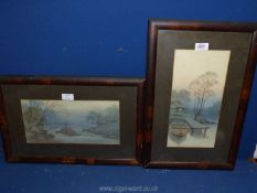 A pair of framed and mounted Watercolours depicting Japanese sombre landscapes,