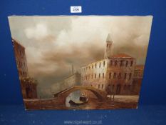 An unframed Venetian oil painting of buildings and a Gondolier, signed lower right I.